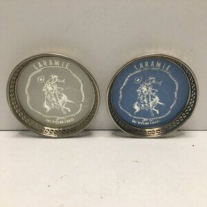Vintage Laramie Wyoming USA 2 Souvenir Tin Drink Coasters Cowboy Bucking Bronco